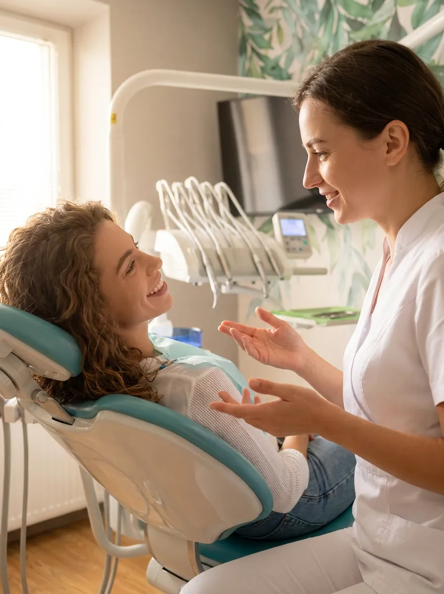 Lekarka MPdental rozmawia z pacjentką przy unicie w gabinecie zabiegowym