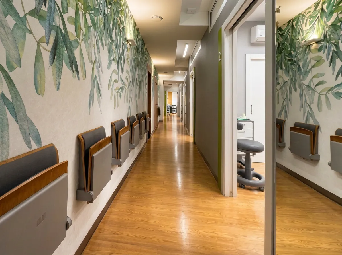 Korytarz kliniki MPdental: rozkładane siedziska przy ścianie z malowanym motywem liści, w głębi otwarte drzwi gabinetu nr 2